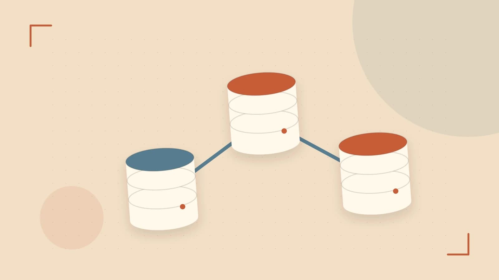 Editorial illustration of structured records, database cylinders and relationships between tables