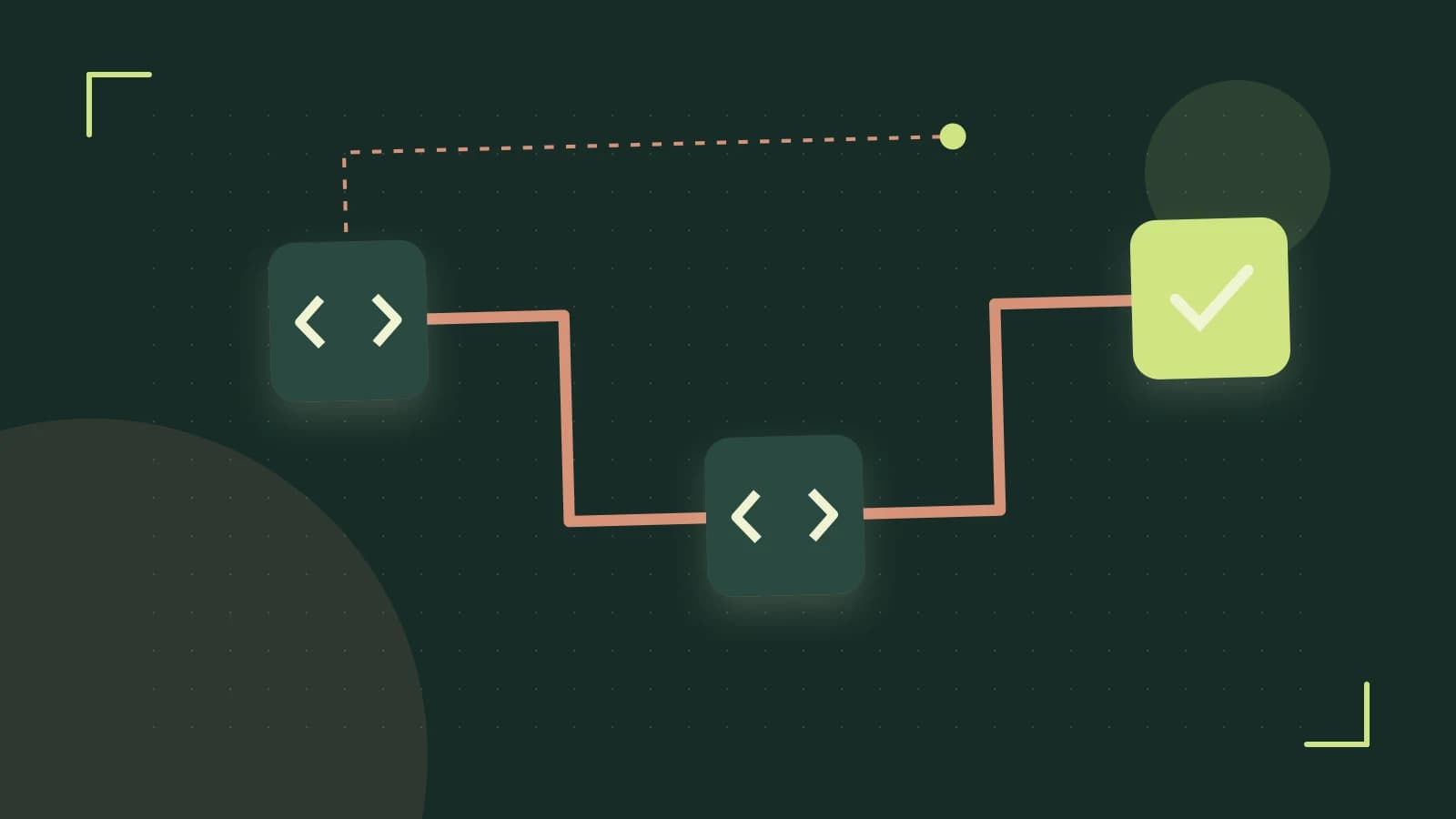 Editorial illustration of a branching build pipeline, staged transformations and a completed check