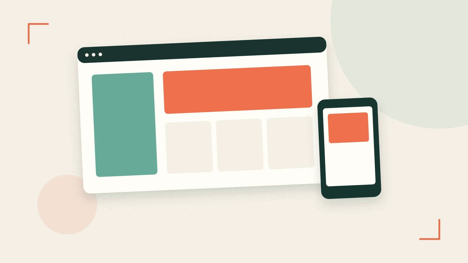 Editorial illustration of responsive browser layouts, overlapping design components and a color system