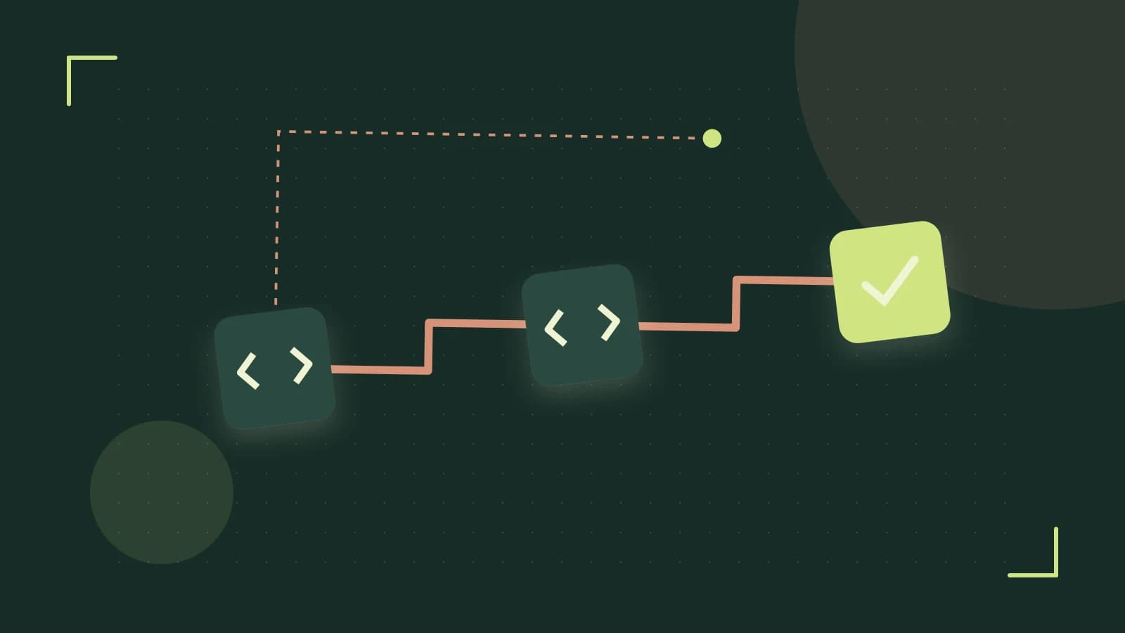 Editorial illustration of a branching build pipeline, staged transformations and a completed check