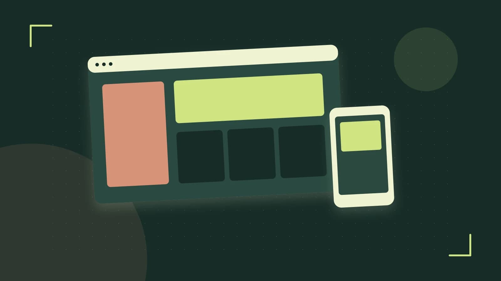 Editorial illustration of responsive browser layouts, overlapping design components and a color system