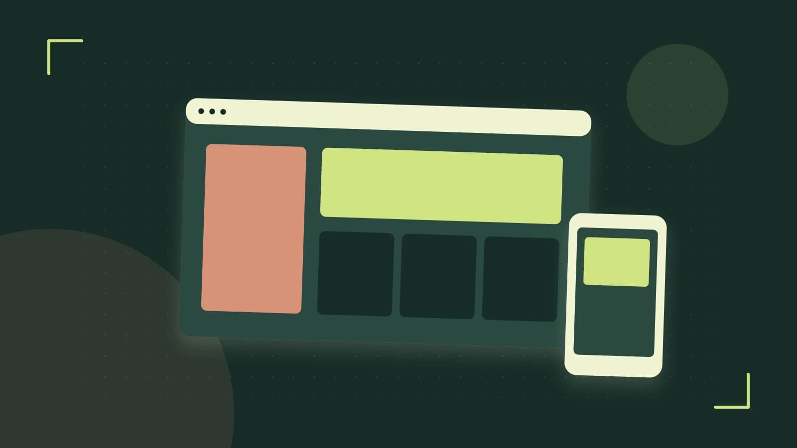 Editorial illustration of responsive browser layouts, overlapping design components and a color system