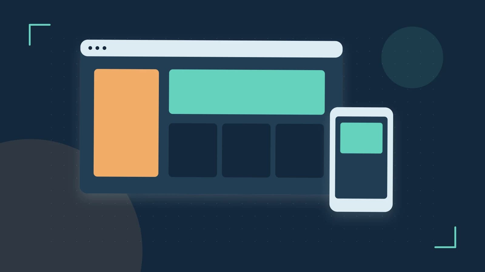 Editorial illustration of responsive browser layouts, overlapping design components and a color system