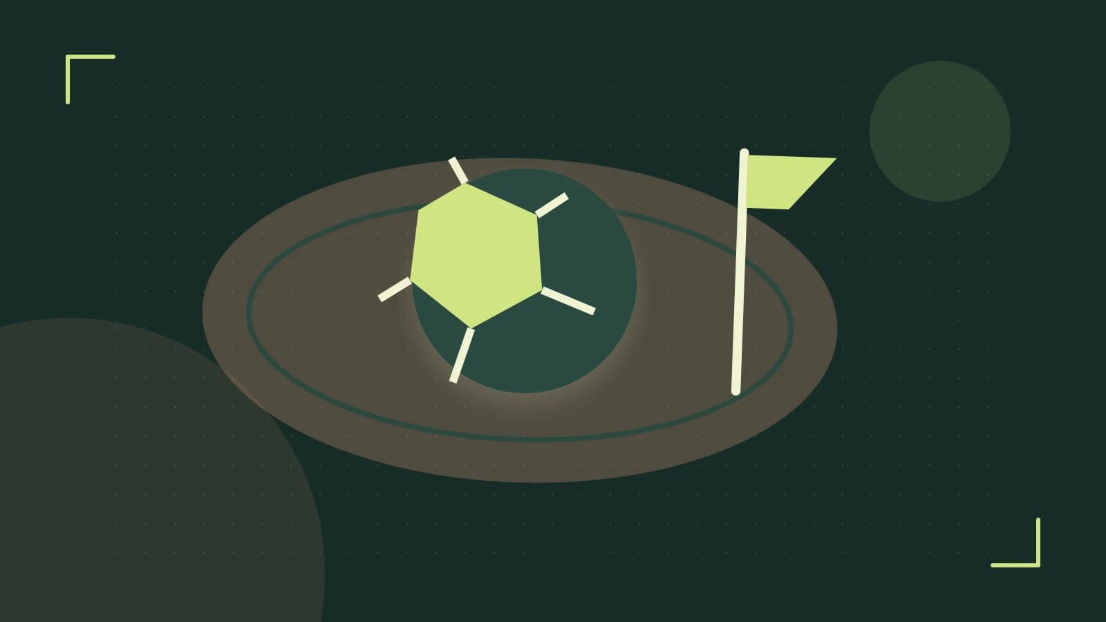 Editorial illustration of a stylized sports ball, stadium geometry and dynamic arcs