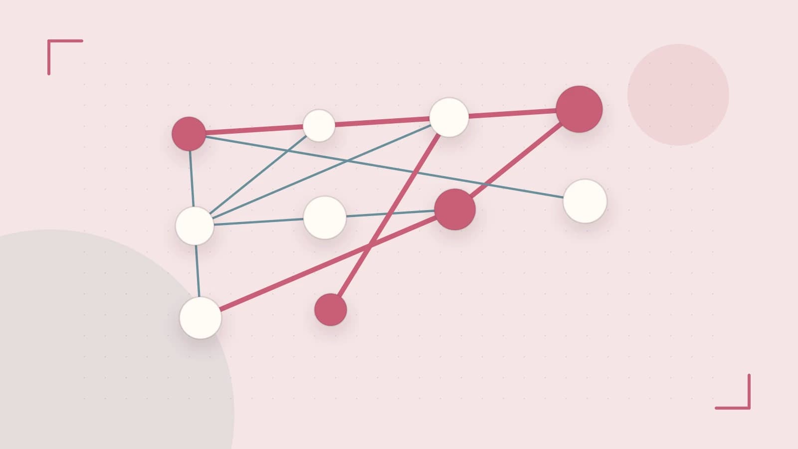 Editorial illustration of an algorithmic node graph with branching paths and a highlighted result