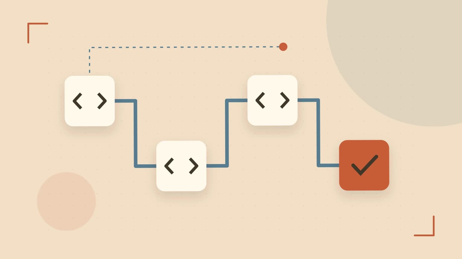 Editorial illustration of a branching build pipeline, staged transformations and a completed check