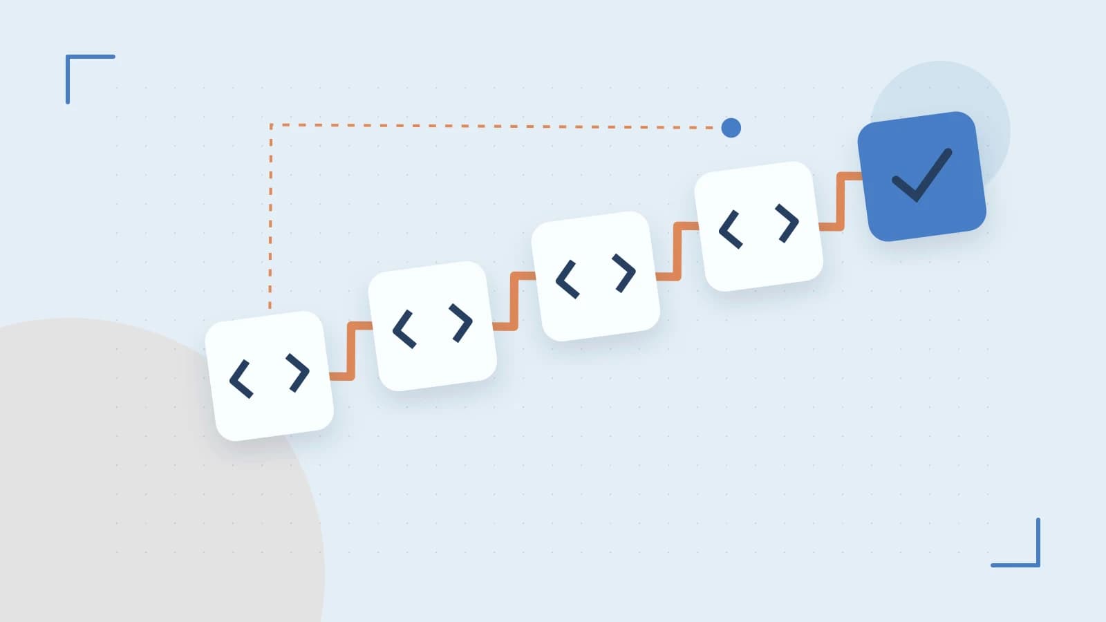 Editorial illustration of a branching build pipeline, staged transformations and a completed check