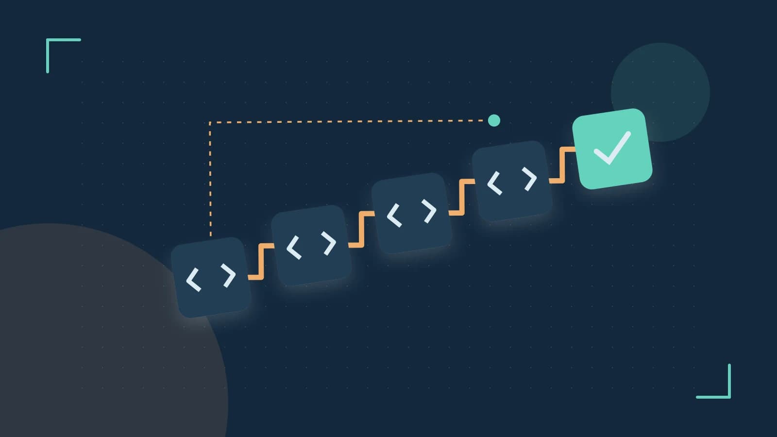 Editorial illustration of a branching build pipeline, staged transformations and a completed check
