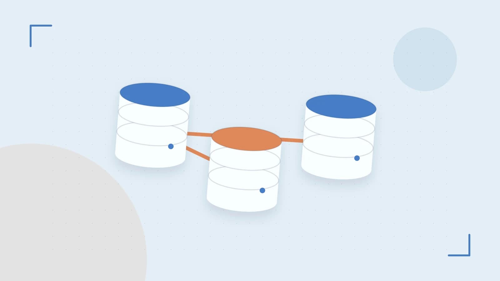 Editorial illustration of structured records, database cylinders and relationships between tables