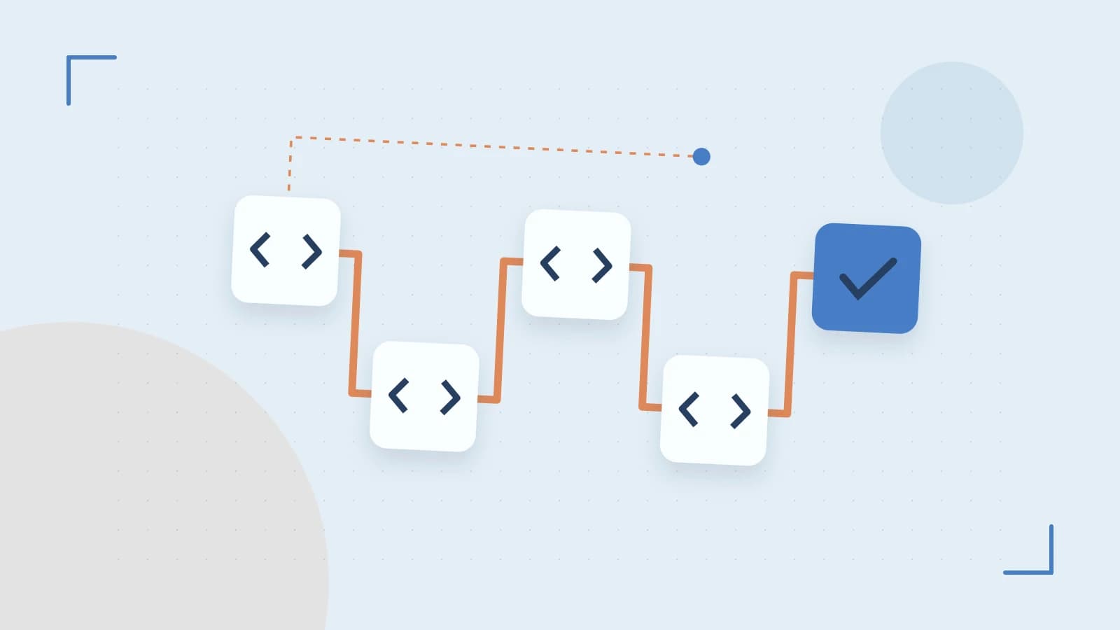 Editorial illustration of a branching build pipeline, staged transformations and a completed check