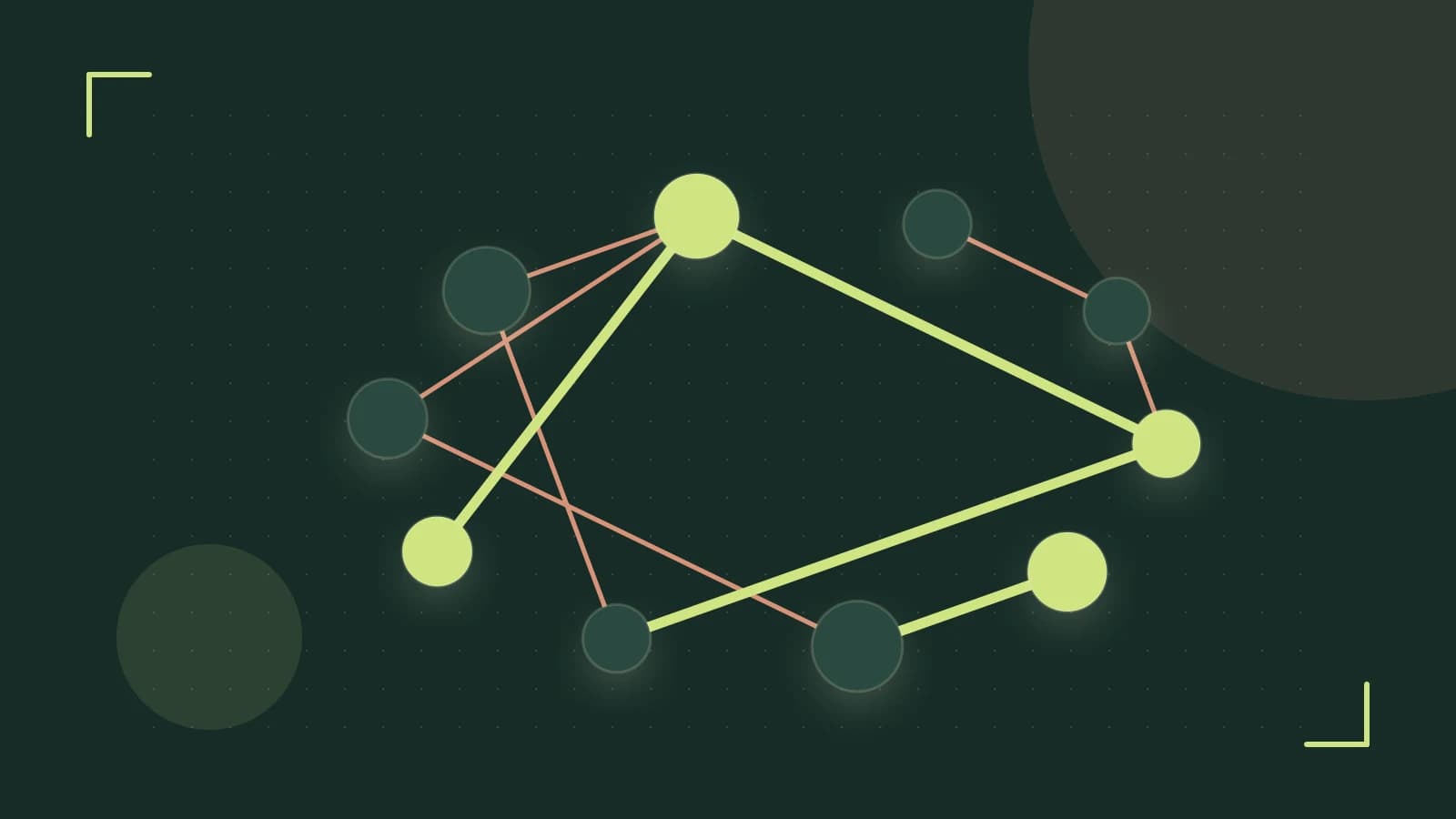 Editorial illustration of an algorithmic node graph with branching paths and a highlighted result