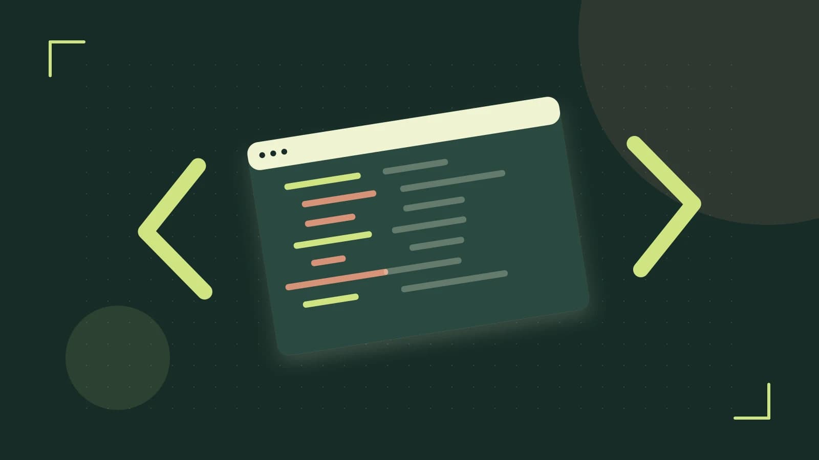 Editorial illustration of an abstract code editor, syntax blocks and oversized programming brackets