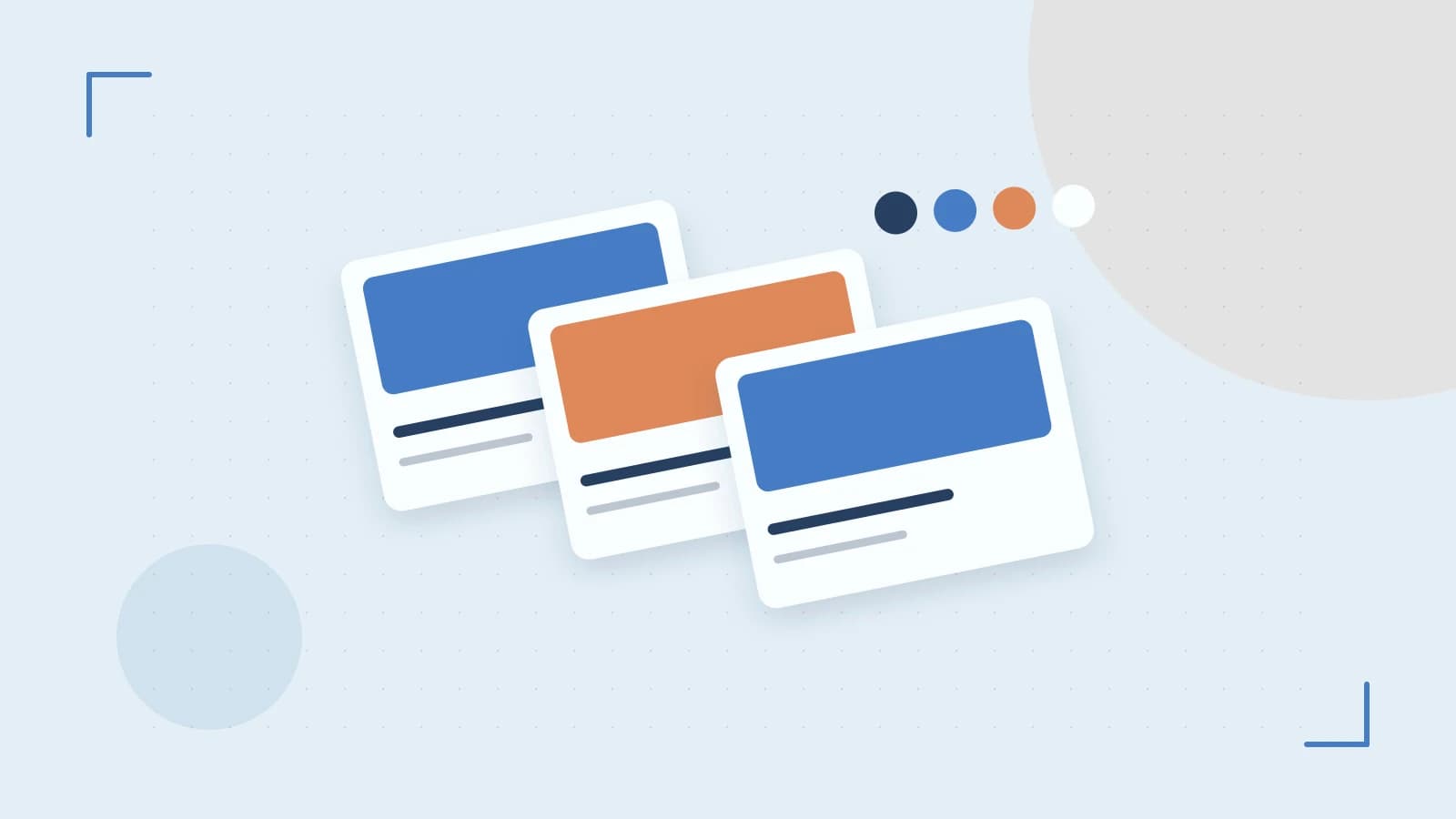 Editorial illustration of responsive browser layouts, overlapping design components and a color system