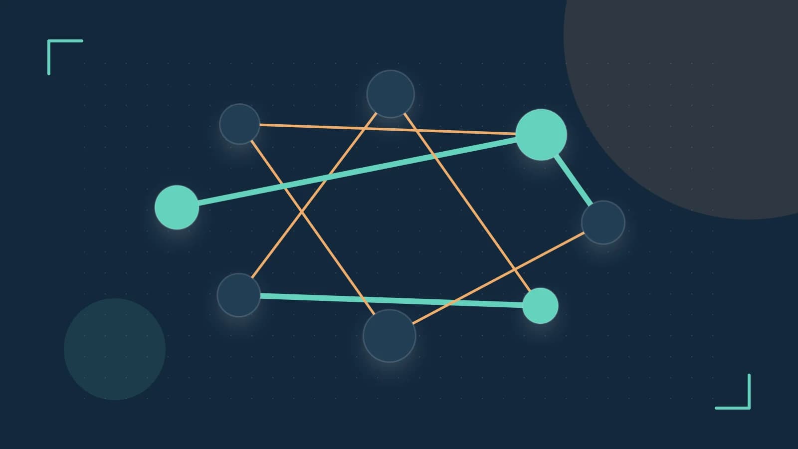 Editorial illustration of an algorithmic node graph with branching paths and a highlighted result