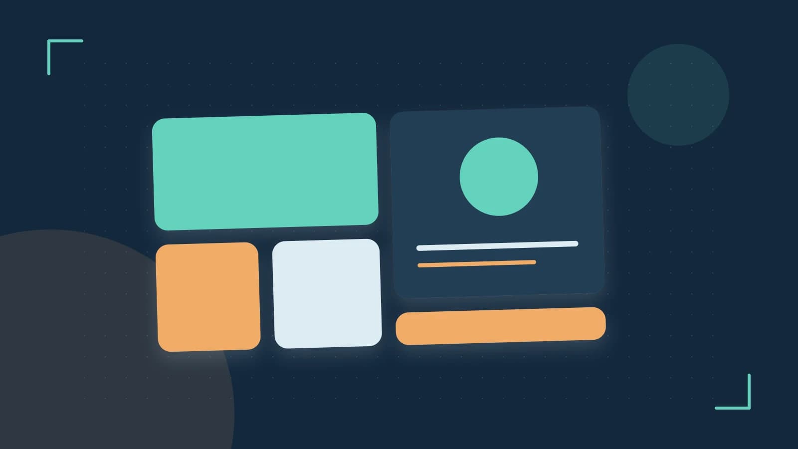 Editorial illustration of responsive browser layouts, overlapping design components and a color system