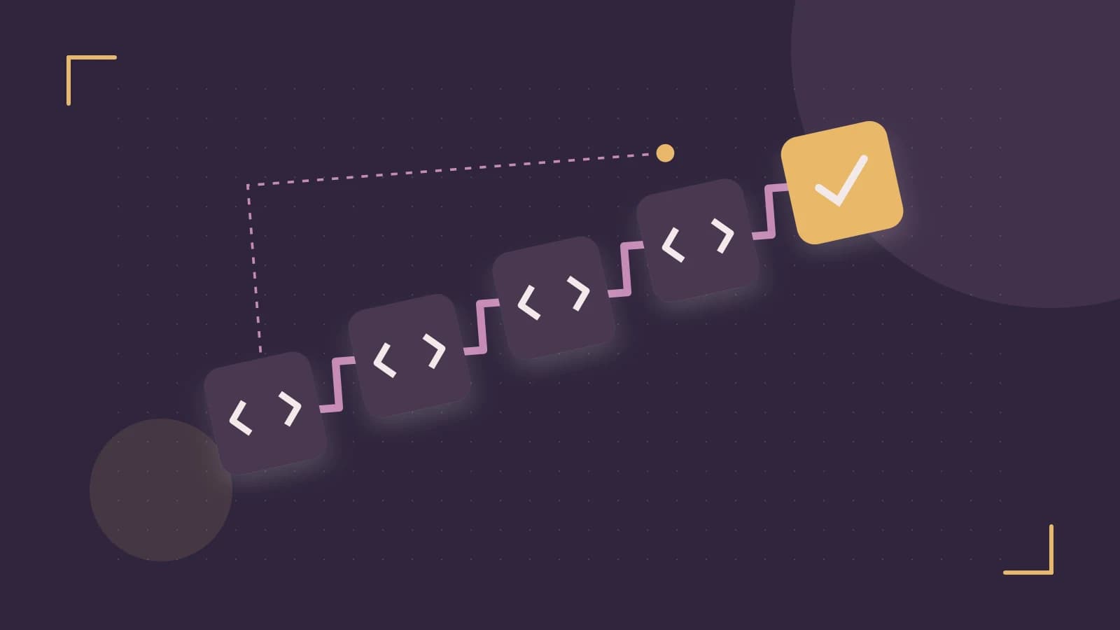 Editorial illustration of a branching build pipeline, staged transformations and a completed check