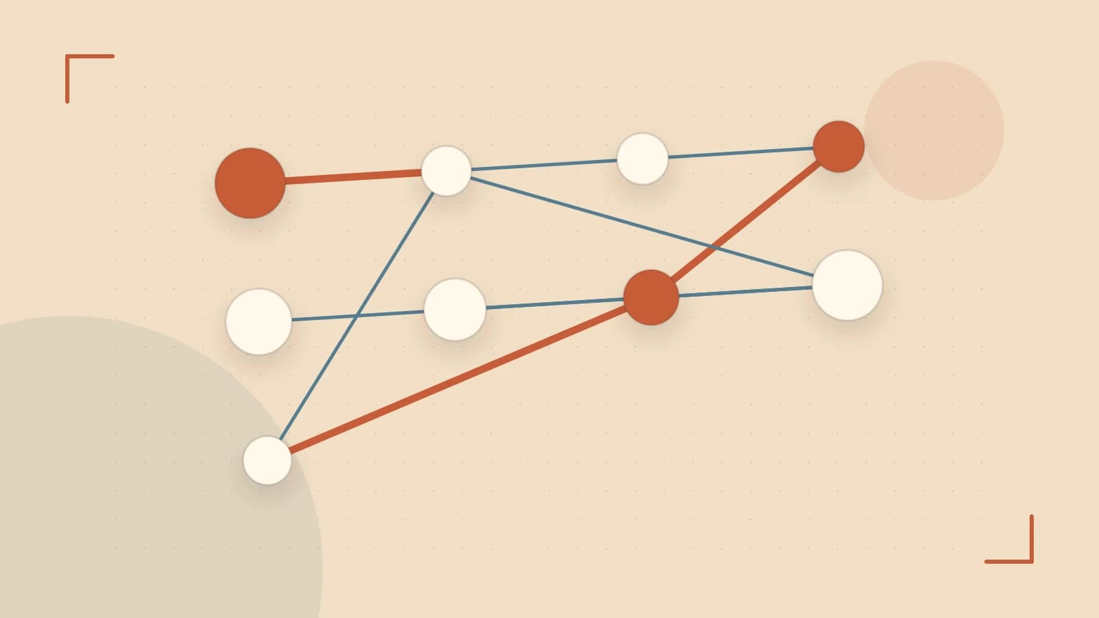 Editorial illustration of an algorithmic node graph with branching paths and a highlighted result