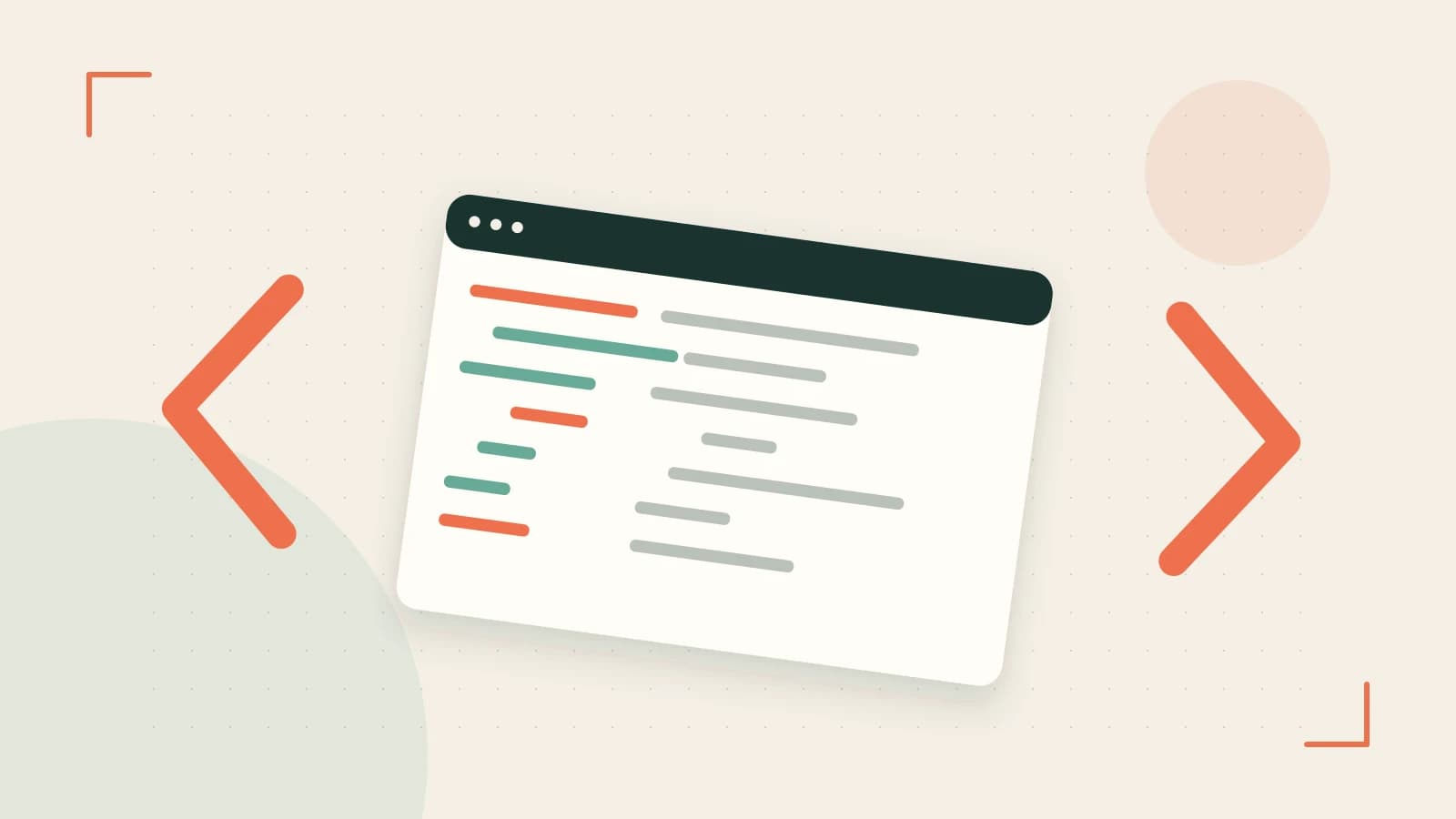 Editorial illustration of an abstract code editor, syntax blocks and oversized programming brackets