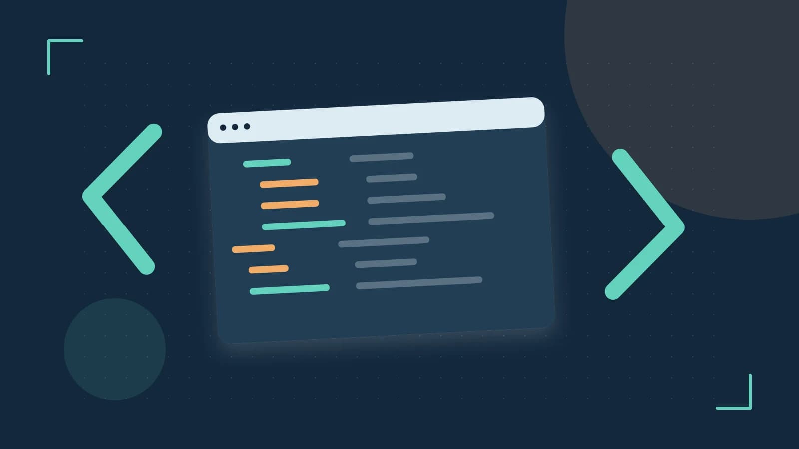 Editorial illustration of an abstract code editor, syntax blocks and oversized programming brackets