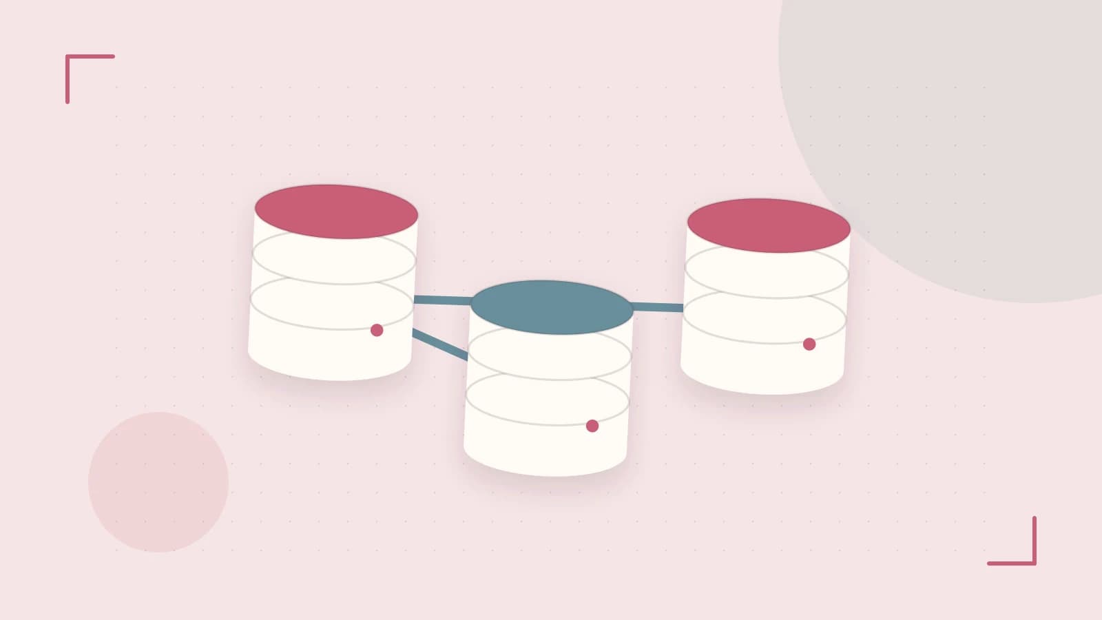 Editorial illustration of structured records, database cylinders and relationships between tables