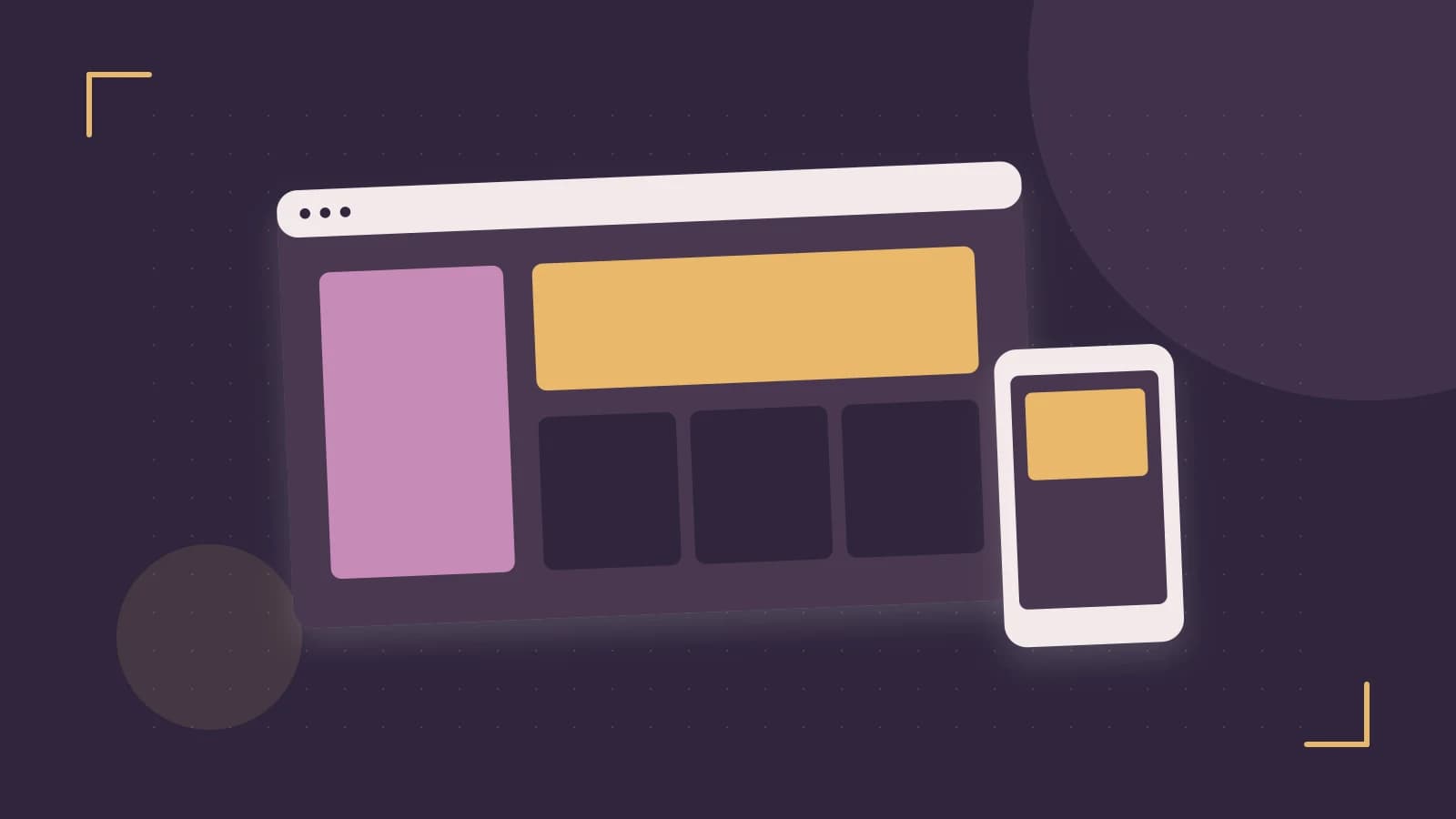 Editorial illustration of responsive browser layouts, overlapping design components and a color system