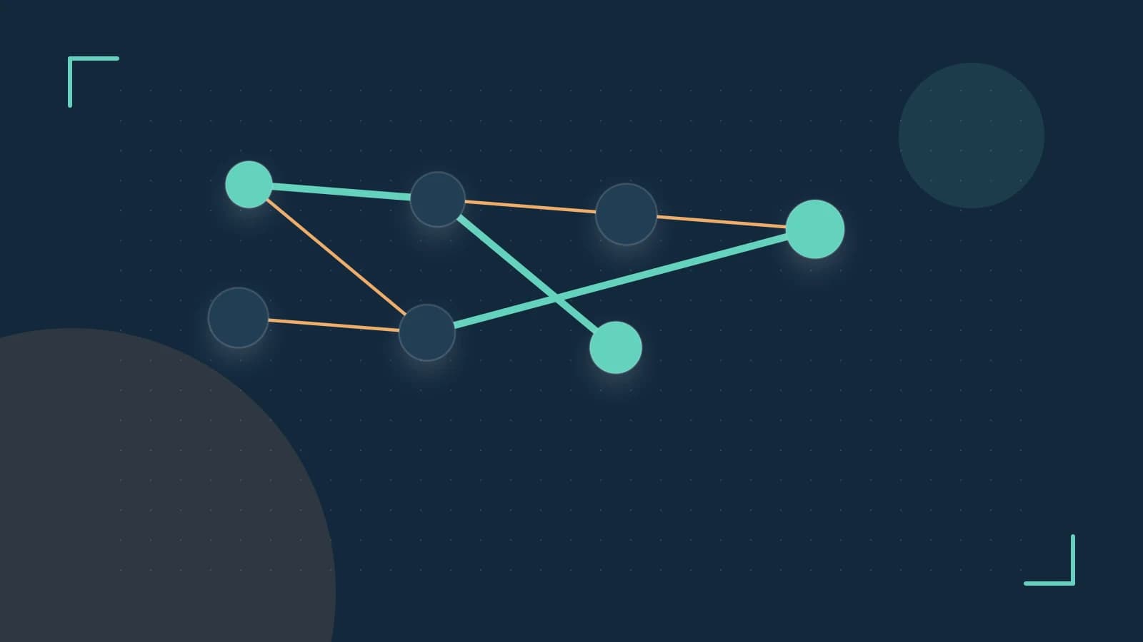 Editorial illustration of an algorithmic node graph with branching paths and a highlighted result