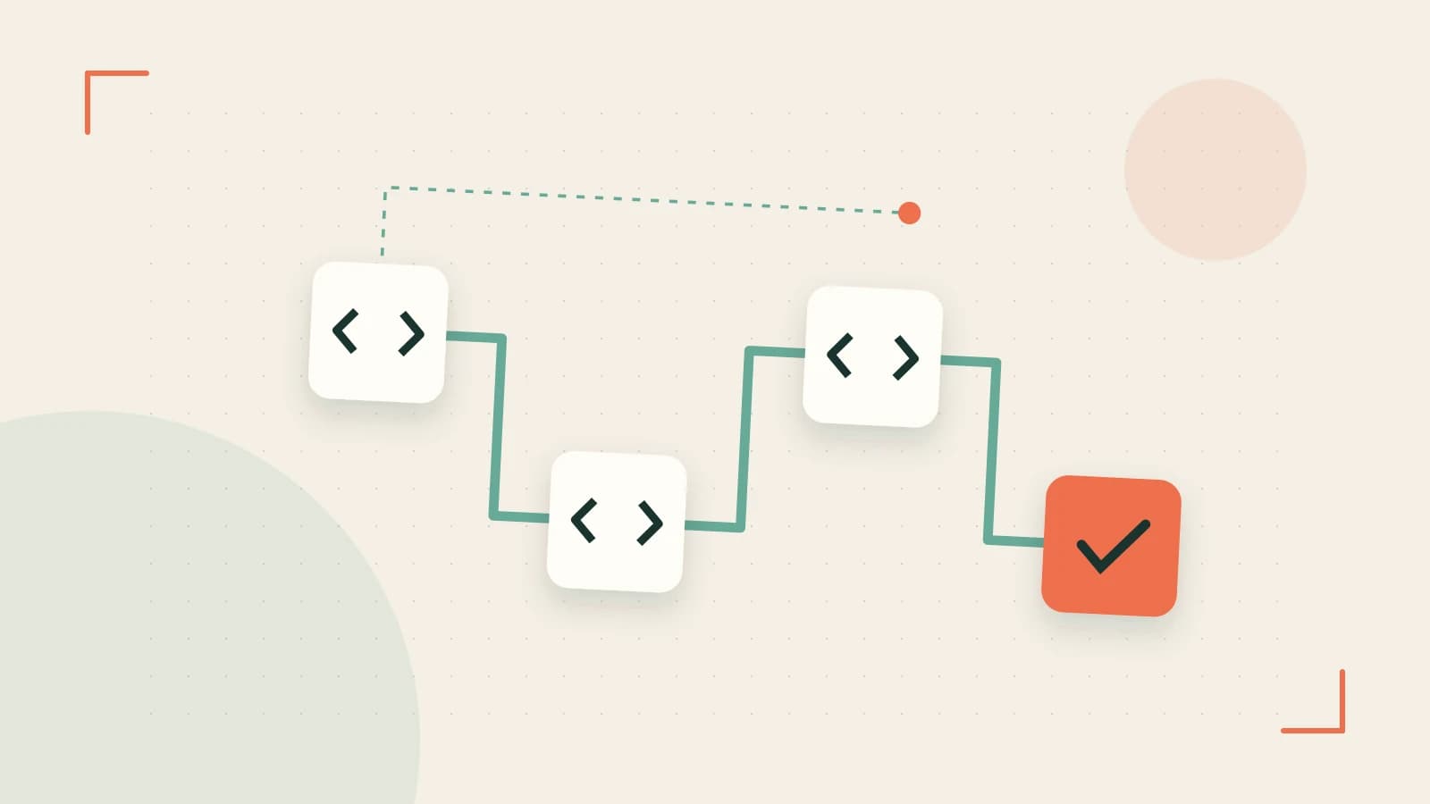 Editorial illustration of a branching build pipeline, staged transformations and a completed check