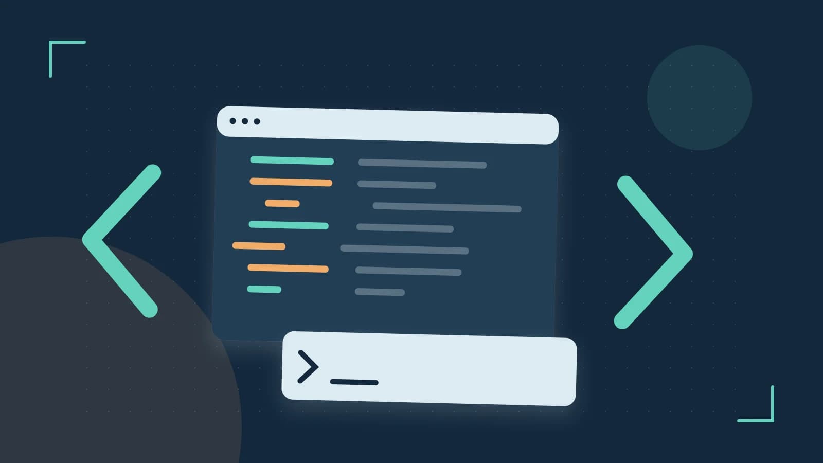 Editorial illustration of an abstract code editor, syntax blocks and oversized programming brackets