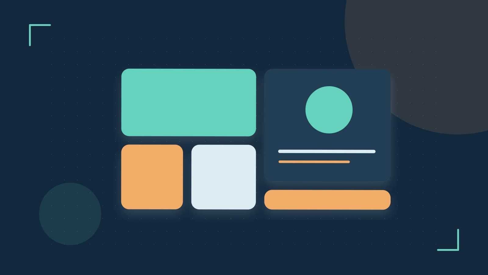 Editorial illustration of responsive browser layouts, overlapping design components and a color system