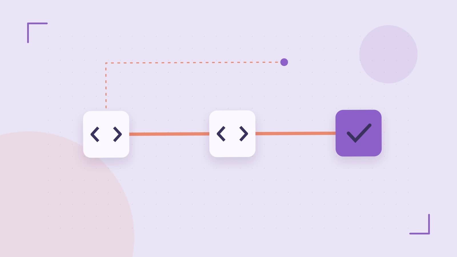 Editorial illustration of a branching build pipeline, staged transformations and a completed check
