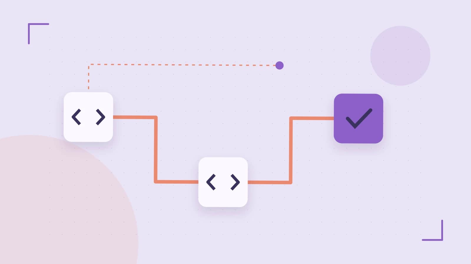 Editorial illustration of a branching build pipeline, staged transformations and a completed check