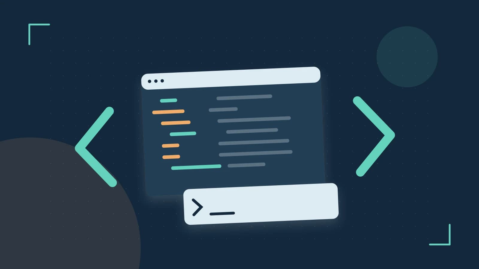 Editorial illustration of an abstract code editor, syntax blocks and oversized programming brackets