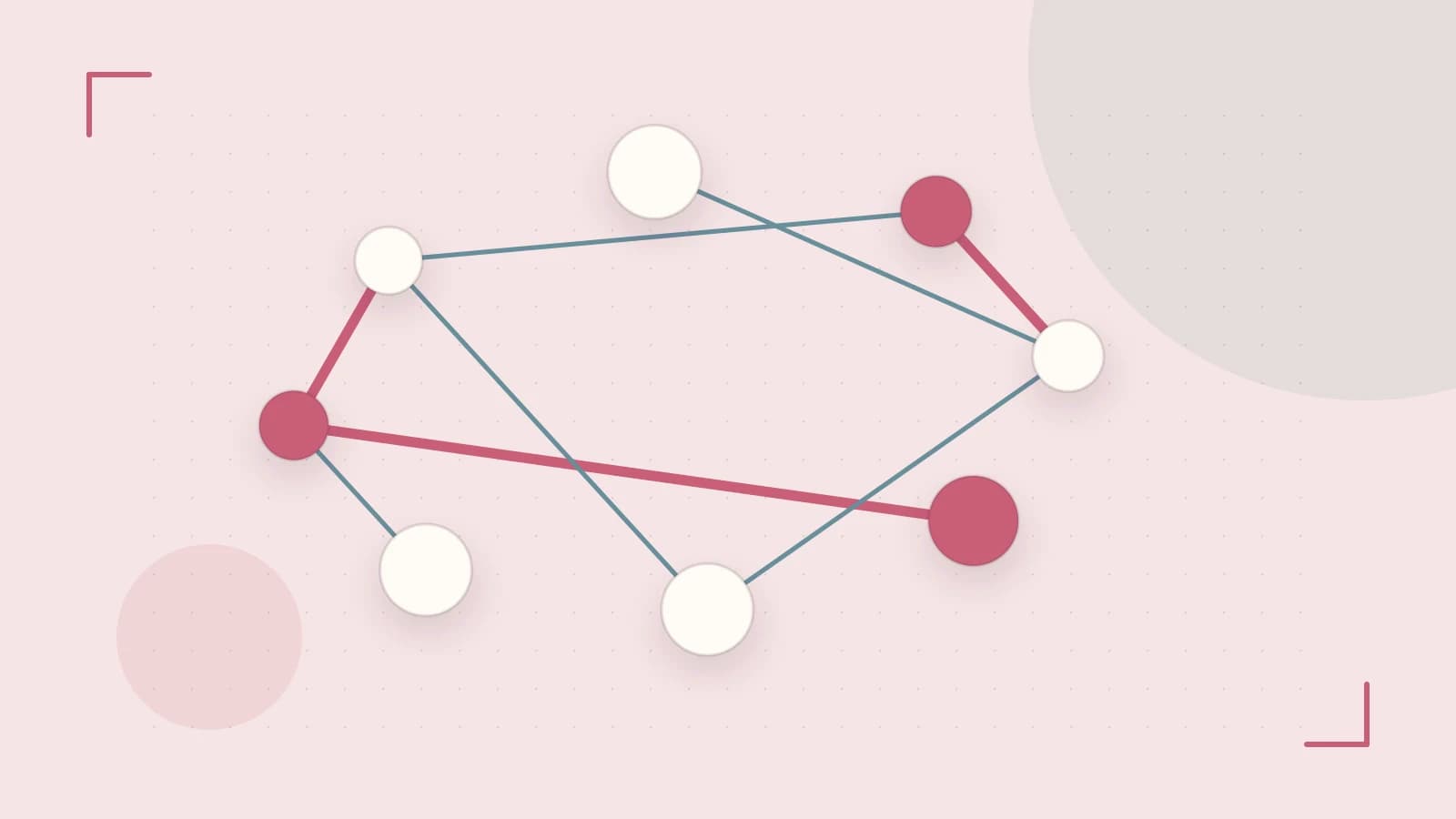 Editorial illustration of an algorithmic node graph with branching paths and a highlighted result