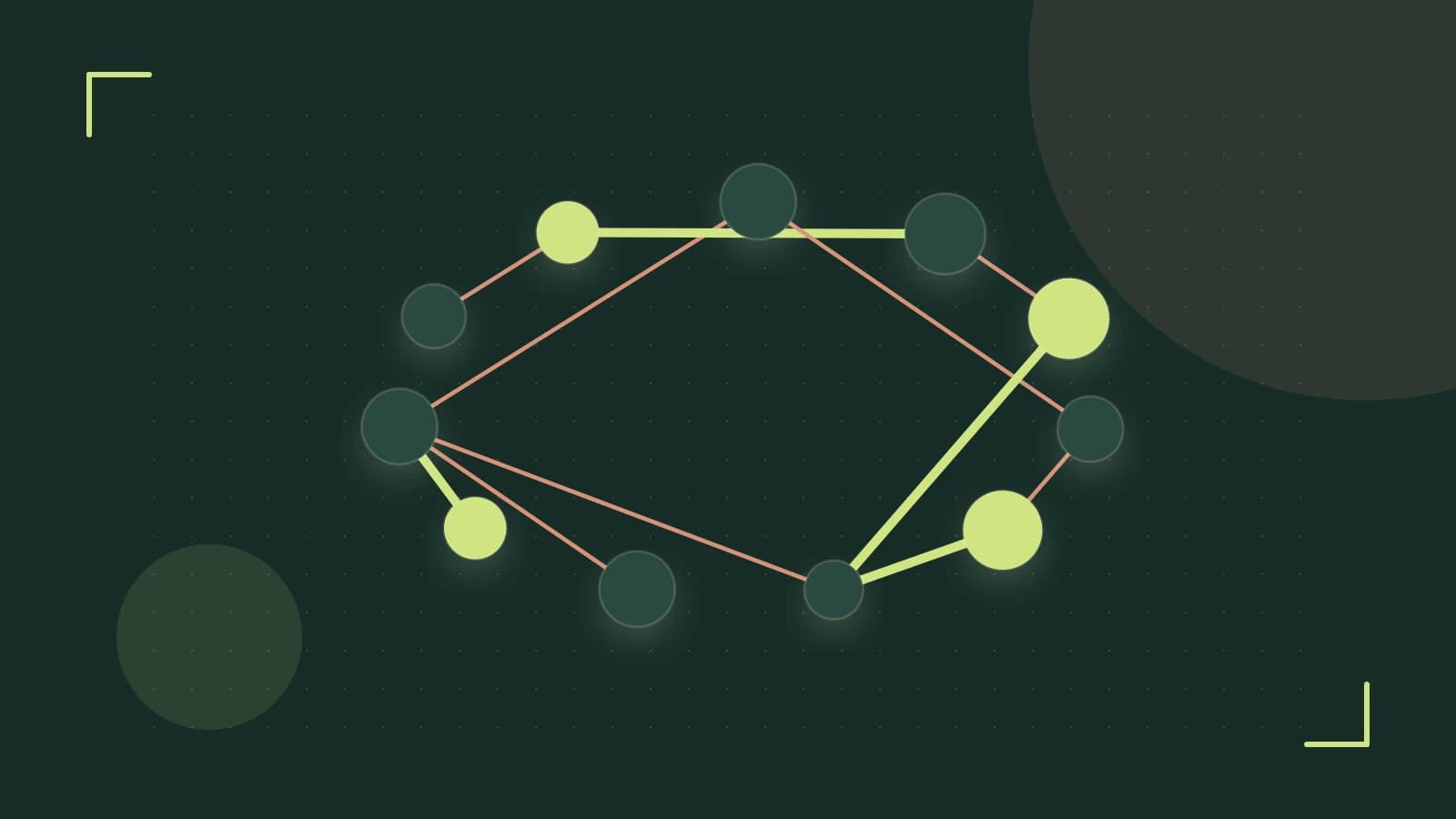 Editorial illustration of an algorithmic node graph with branching paths and a highlighted result