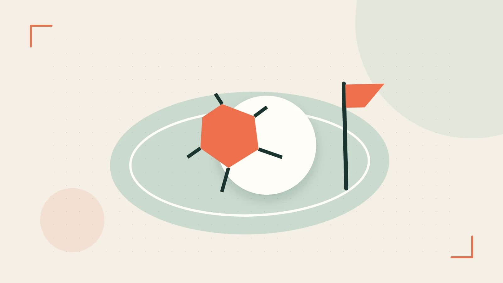 Editorial illustration of a stylized sports ball, stadium geometry and dynamic arcs