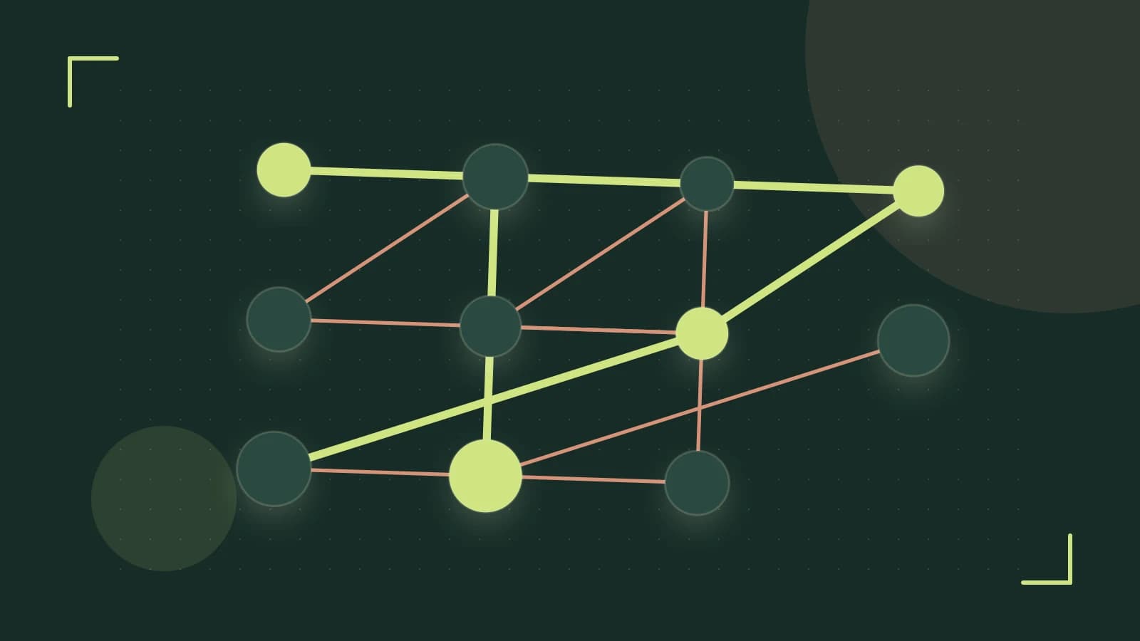 Editorial illustration of an algorithmic node graph with branching paths and a highlighted result