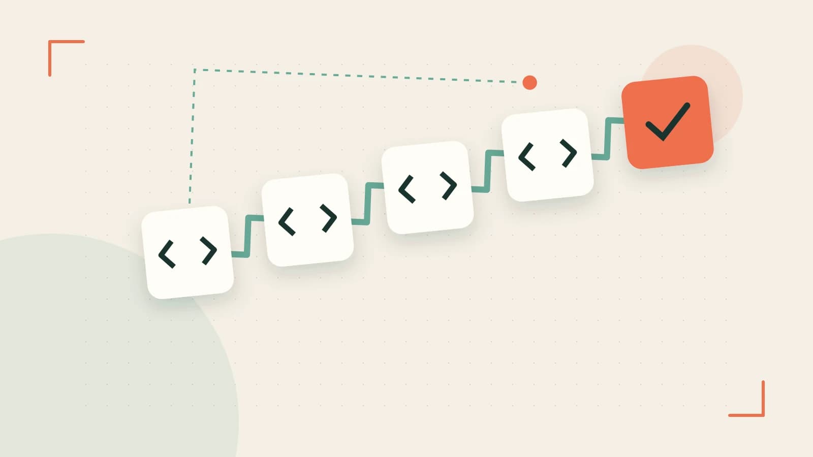 Editorial illustration of a branching build pipeline, staged transformations and a completed check