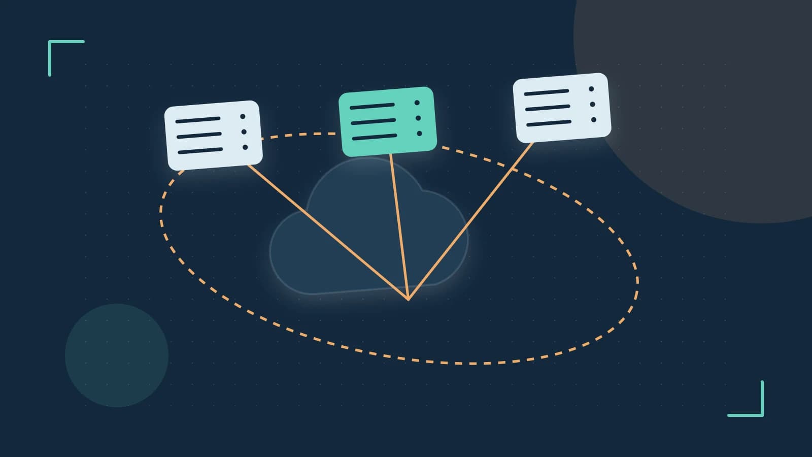 Editorial illustration of cloud infrastructure, connected server racks and an orbital service map