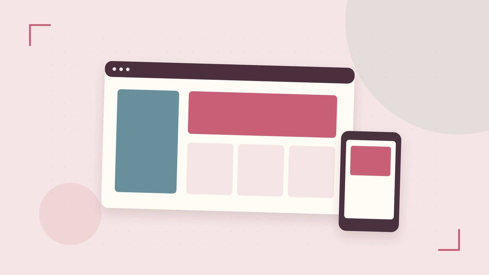 Editorial illustration of responsive browser layouts, overlapping design components and a color system