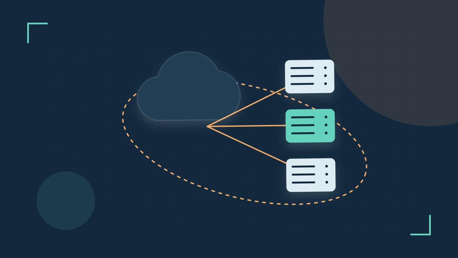 Editorial illustration of cloud infrastructure, connected server racks and an orbital service map