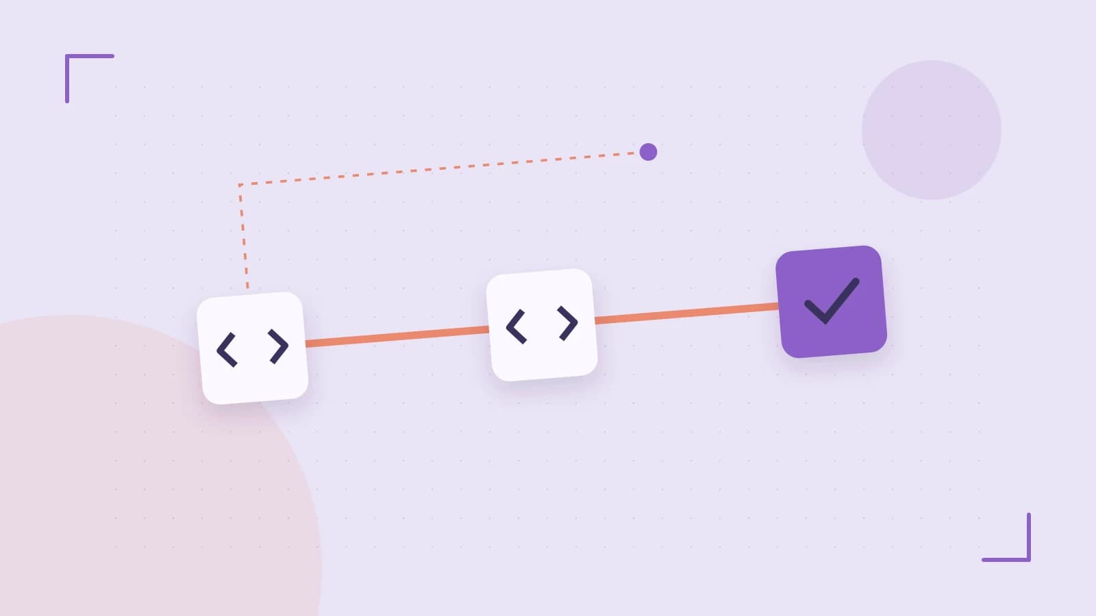 Editorial illustration of a branching build pipeline, staged transformations and a completed check