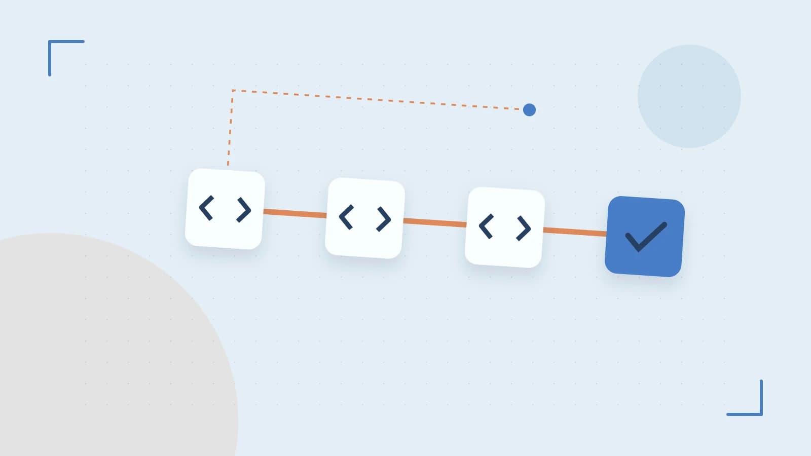 Editorial illustration of a branching build pipeline, staged transformations and a completed check