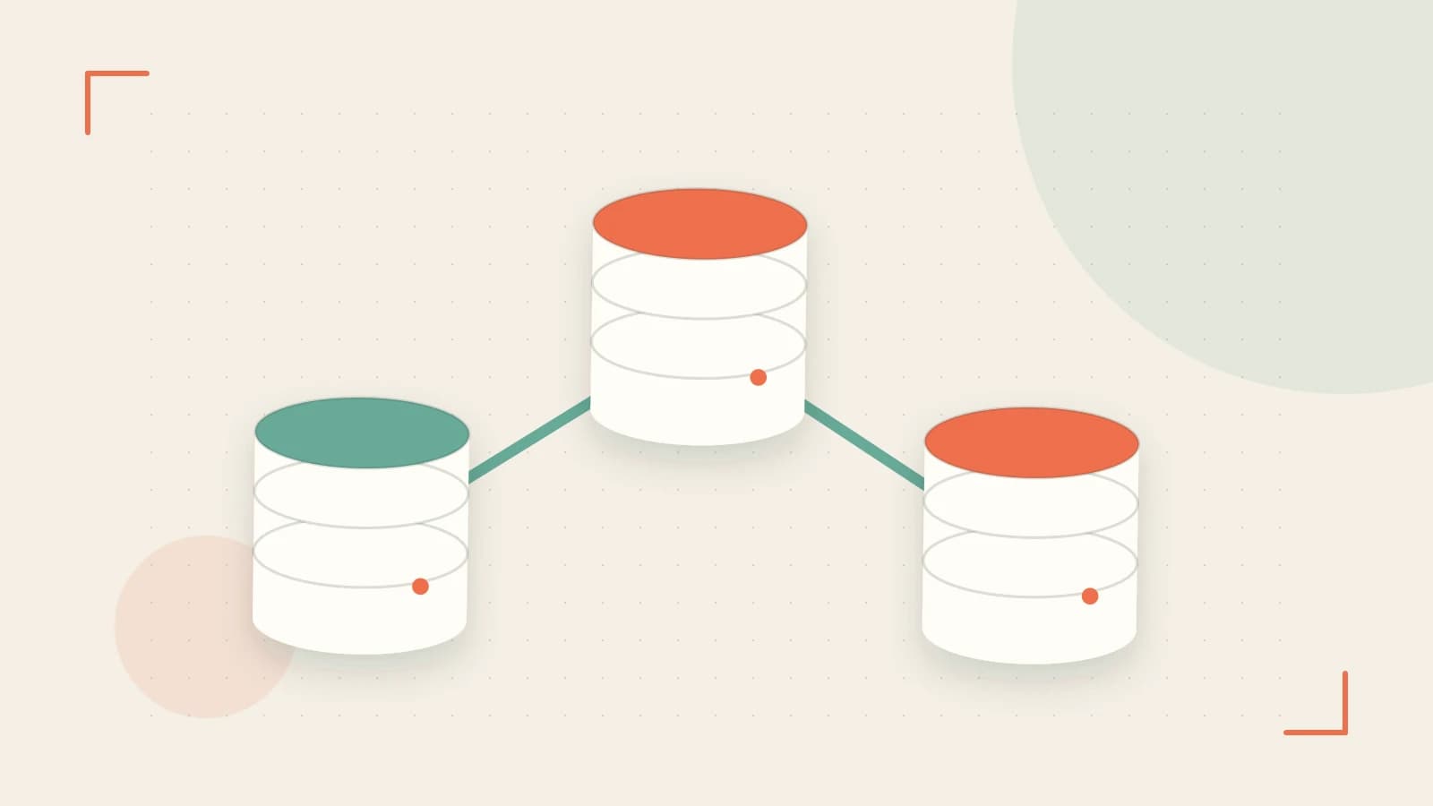 Editorial illustration of structured records, database cylinders and relationships between tables