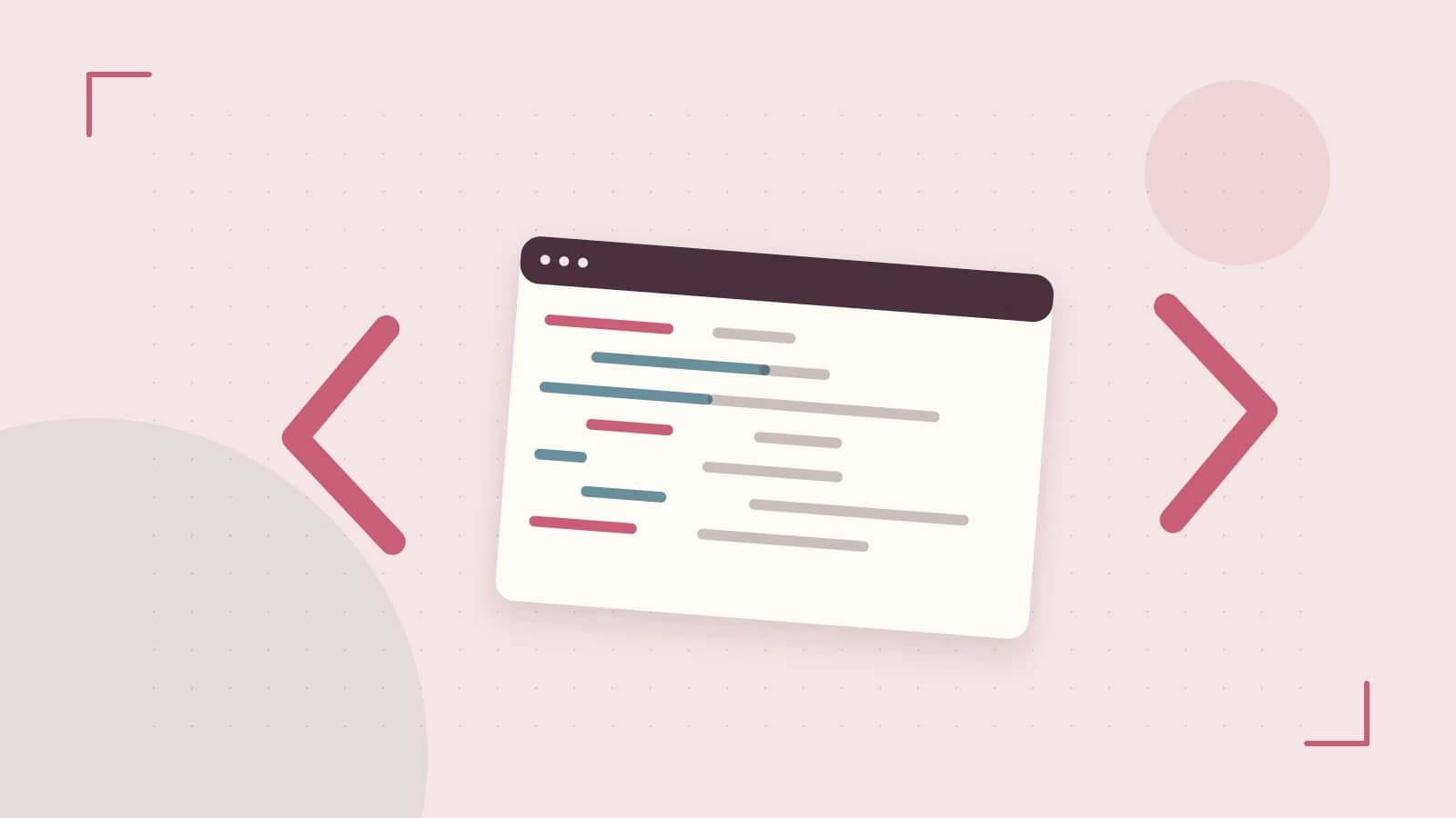 Editorial illustration of an abstract code editor, syntax blocks and oversized programming brackets