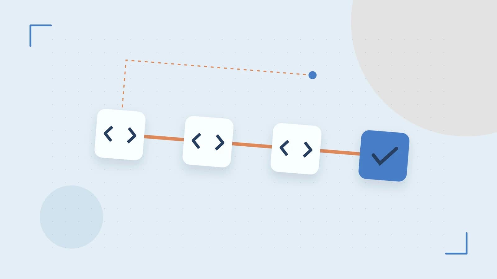 Editorial illustration of a branching build pipeline, staged transformations and a completed check