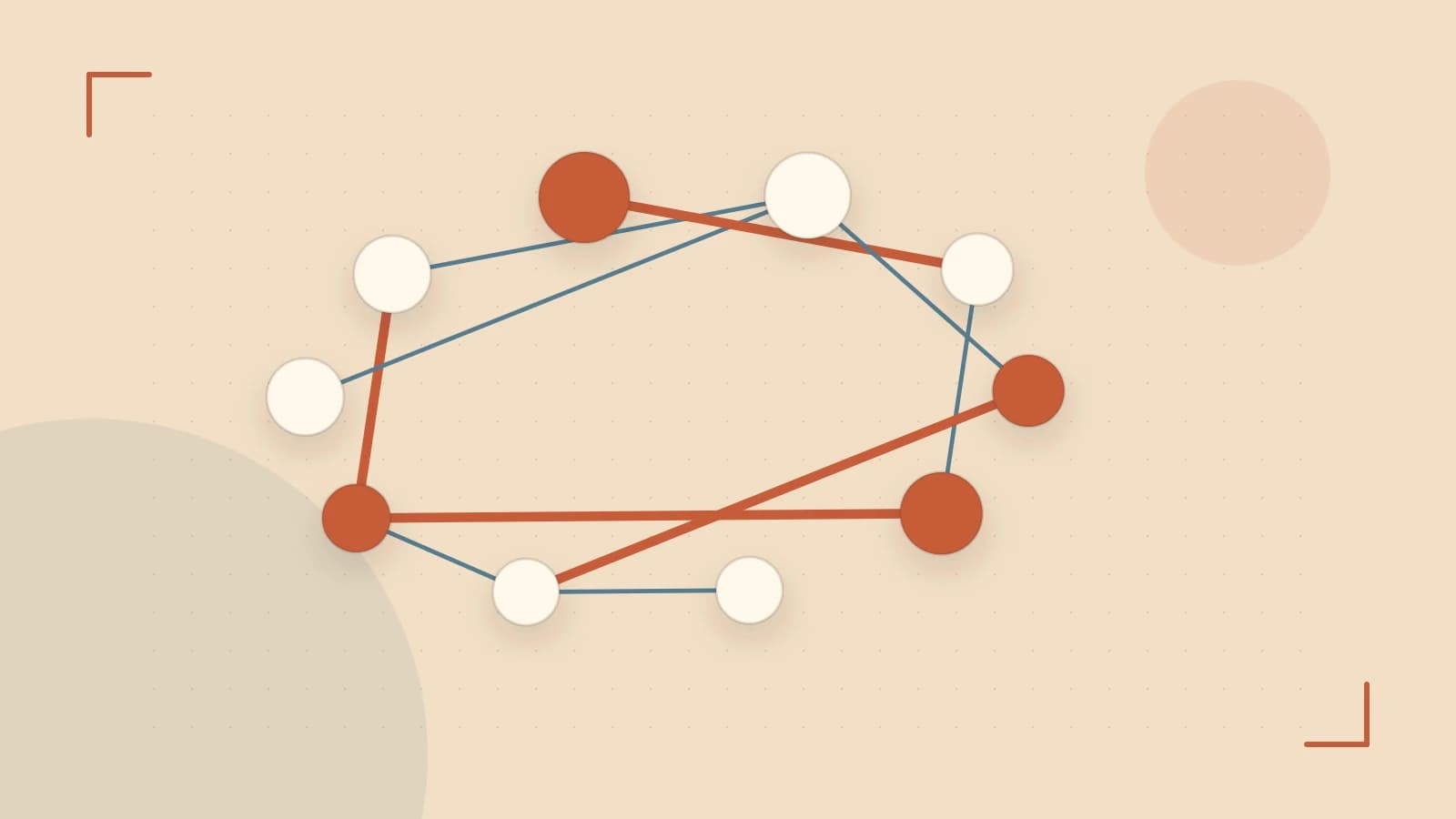 Editorial illustration of an algorithmic node graph with branching paths and a highlighted result