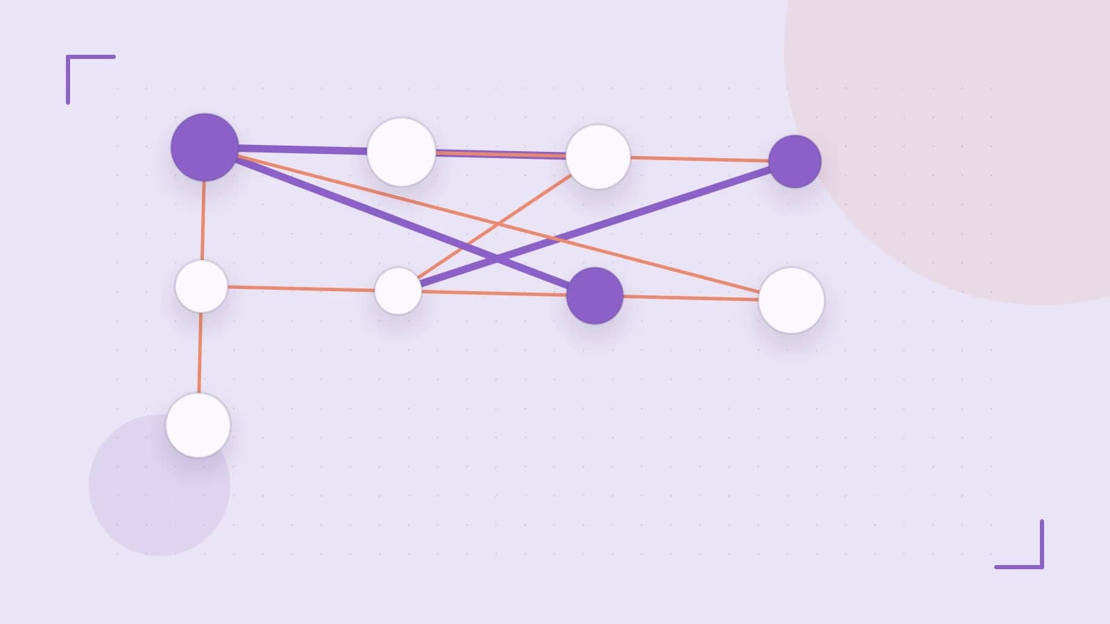 Editorial illustration of an algorithmic node graph with branching paths and a highlighted result