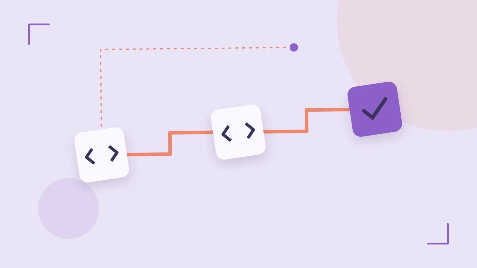 Editorial illustration of a branching build pipeline, staged transformations and a completed check