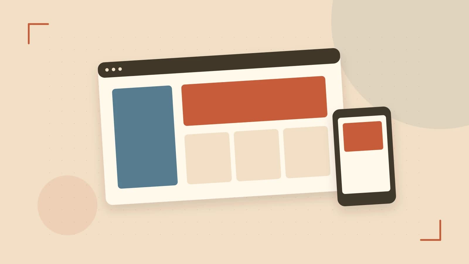 Editorial illustration of responsive browser layouts, overlapping design components and a color system