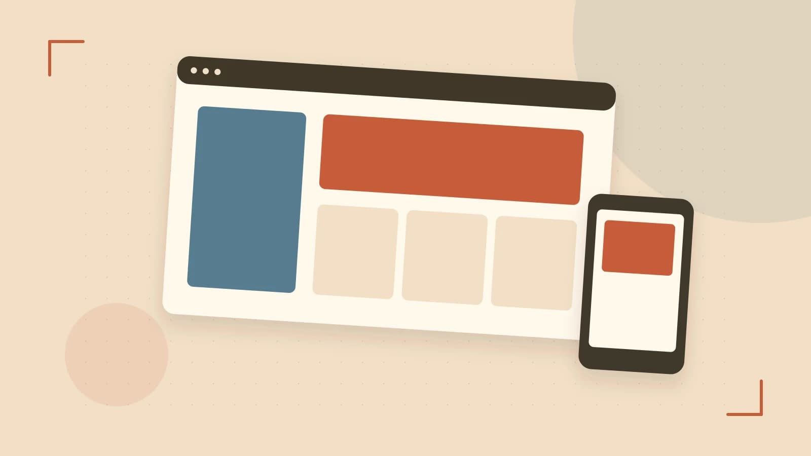Editorial illustration of responsive browser layouts, overlapping design components and a color system